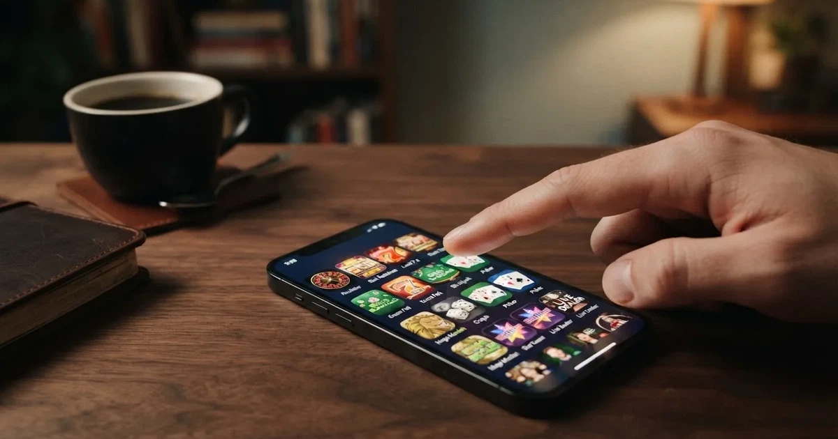 A close-up of a finger tapping a smartphone screen showing rows of app icons.