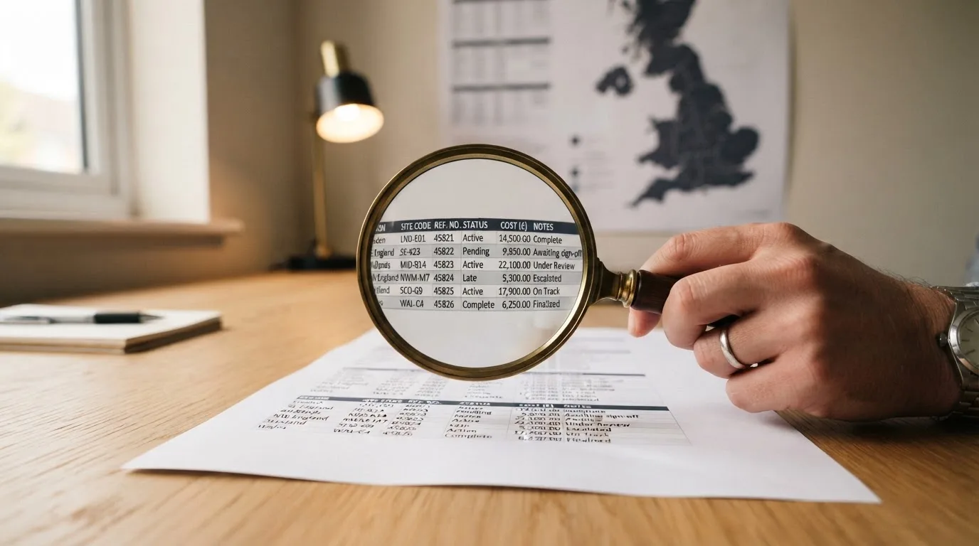 A magnifying glass held over a printed gambling licence certificate on a desk, with a UK map faintly visible in the background