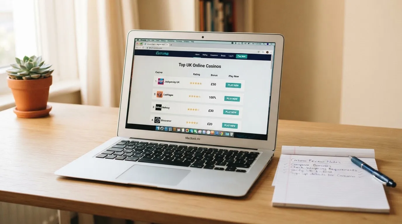 A laptop on a home desk showing a UK online casino comparison page open beside a notepad, with a laptop showing a foreign-registered website's homepage visible in a browser tab list