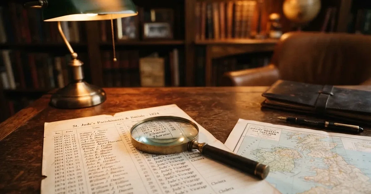 A magnifying glass held over a printed gambling licence certificate on a desk, with a UK map faintly visible in the background