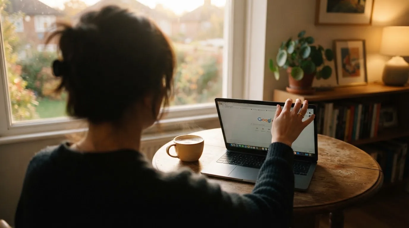 A person closing a laptop beside a cup of tea
