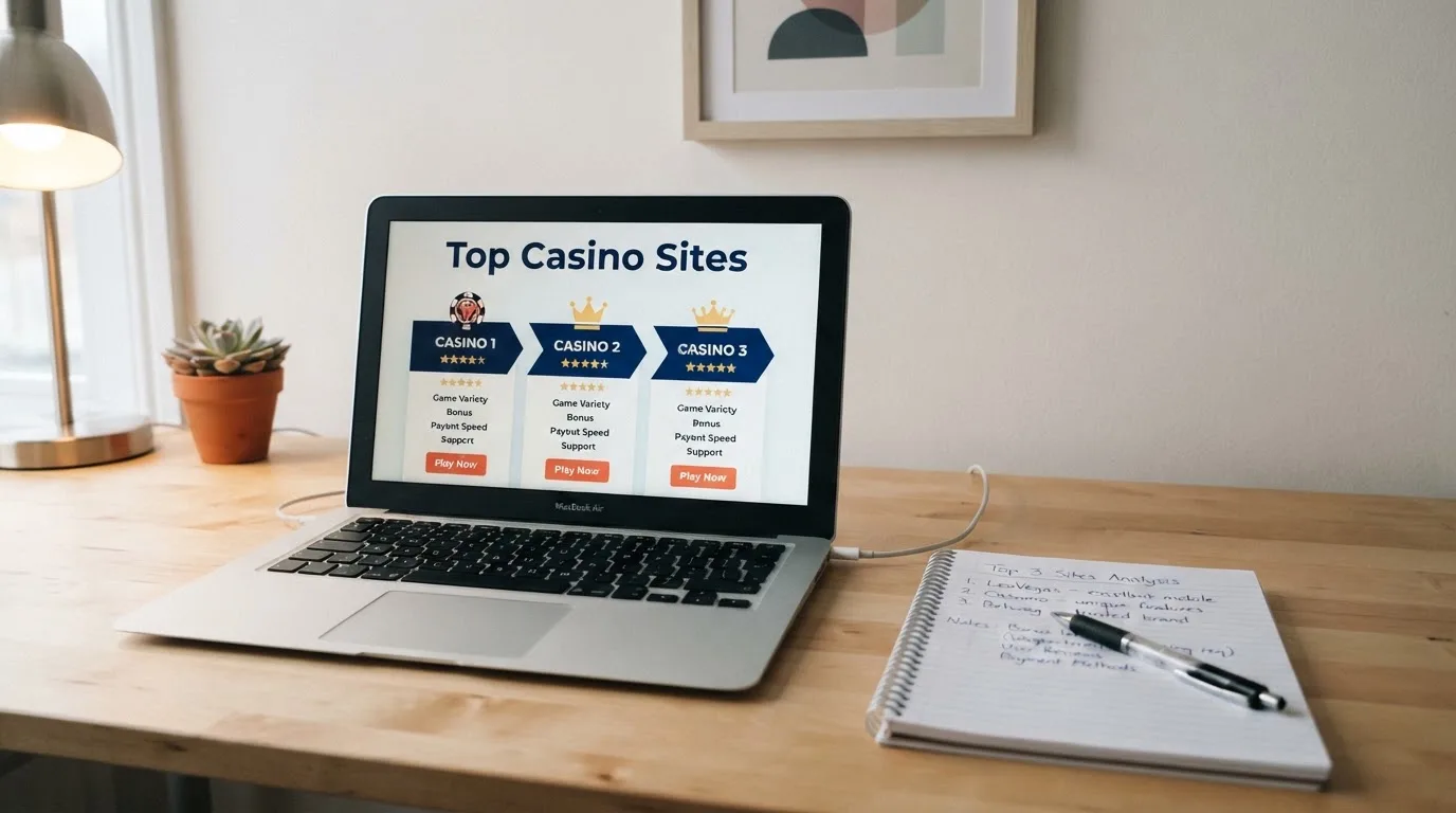 A laptop on a home desk showing a UK online casino comparison page open beside a notepad, with a laptop showing an international casino homepage in a browser visible in a browser tab list