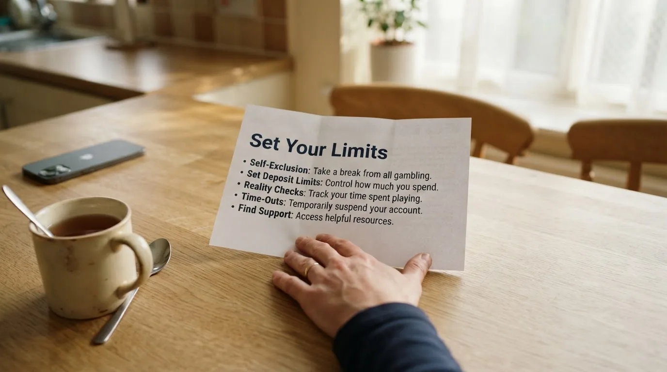 A person reading a self-exclusion leaflet at a kitchen table