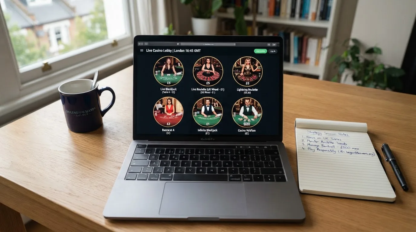 A laptop on a home desk showing a UK online casino comparison page open beside a notepad, with a laptop showing a live casino lobby with several table thumbnails visible in a browser tab list