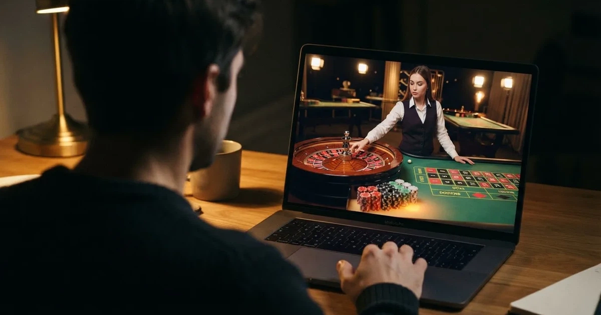 A live dealer roulette wheel streamed to a laptop screen