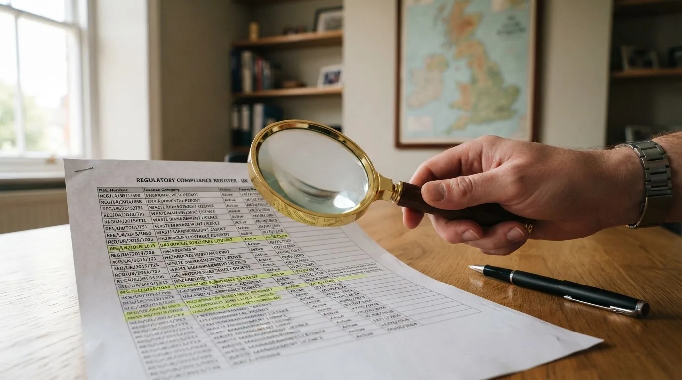 A magnifying glass held over a printed gambling licence certificate on a desk, with a UK map faintly visible in the background