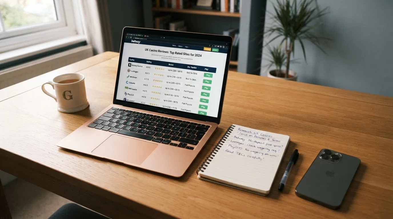 A laptop on a home desk showing a UK online casino comparison page open beside a notepad, with a mobile phone resting on a desk next to a casino app icon screen visible in a browser tab list