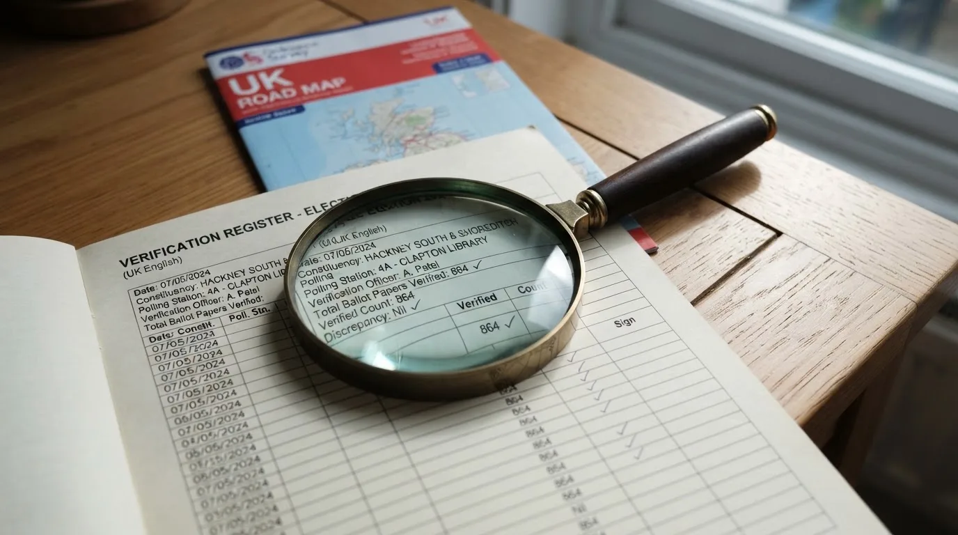 A magnifying glass held over a printed gambling licence certificate on a desk, with a UK map faintly visible in the background