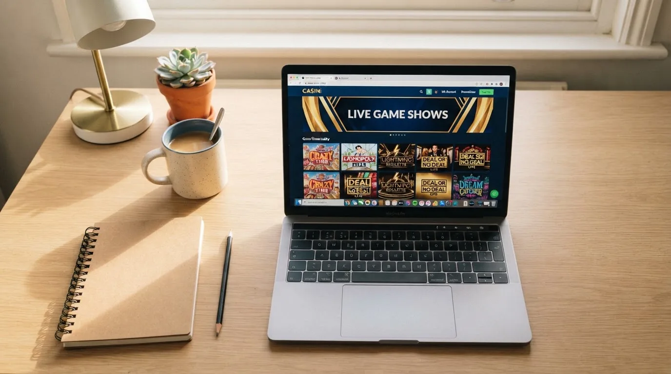 A laptop on a home desk showing a UK online casino comparison page open beside a notepad, with a laptop showing a live casino game show lobby page visible in a browser tab list