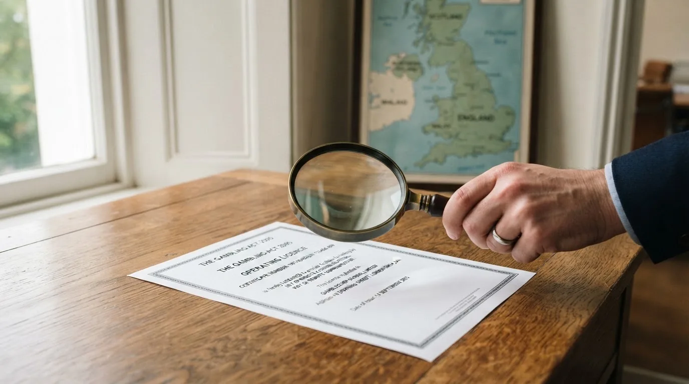 A magnifying glass held over a printed gambling licence certificate on a desk, with a UK map faintly visible in the background