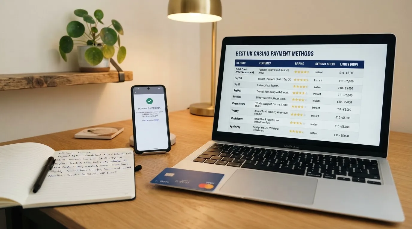 A laptop on a home desk showing a UK online casino comparison page open beside a notepad, with a desk with a debit card, a phone and a laptop showing a deposit form visible in a browser tab list