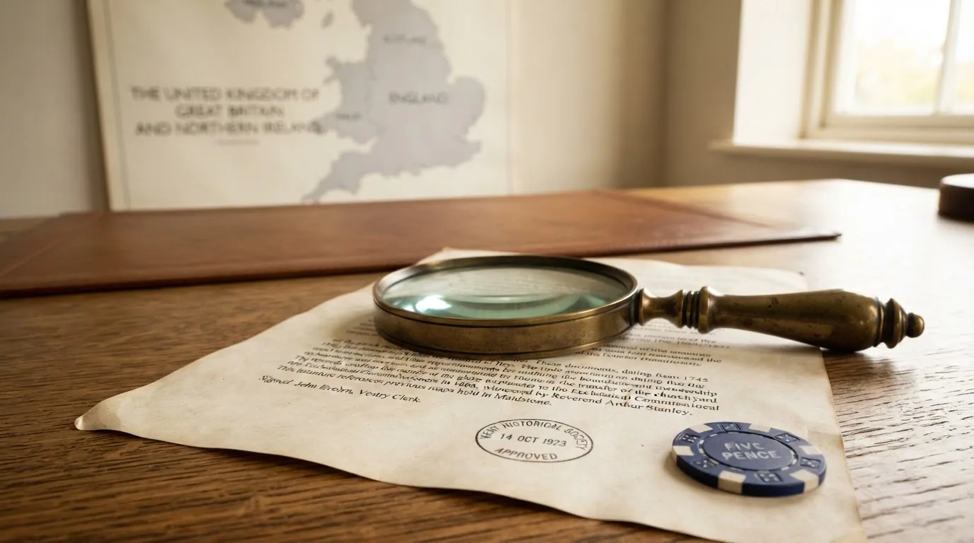 A magnifying glass held over a printed gambling licence certificate on a desk, with a UK map faintly visible in the background