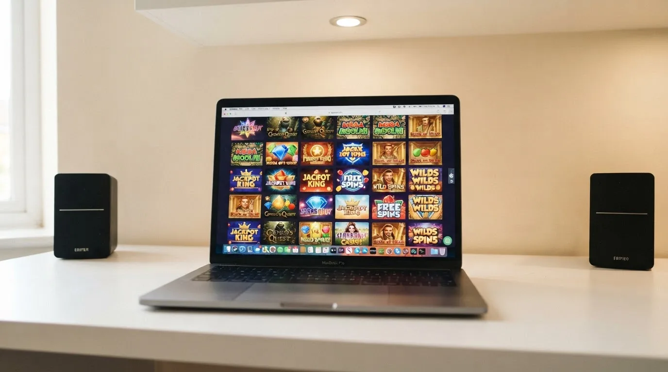 A laptop on a desk displaying a grid of slot game thumbnails in a casino lobby.