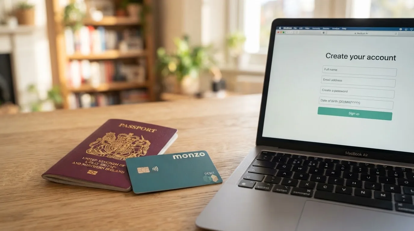 A UK passport and a bank card resting beside a laptop showing an account sign-up screen.
