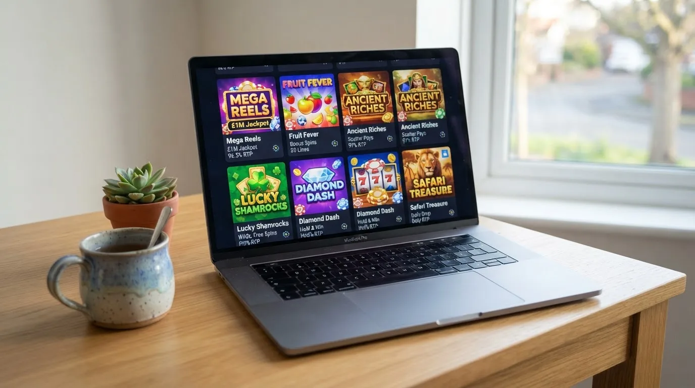 A laptop on a desk displaying a grid of slot game thumbnails in a casino lobby.