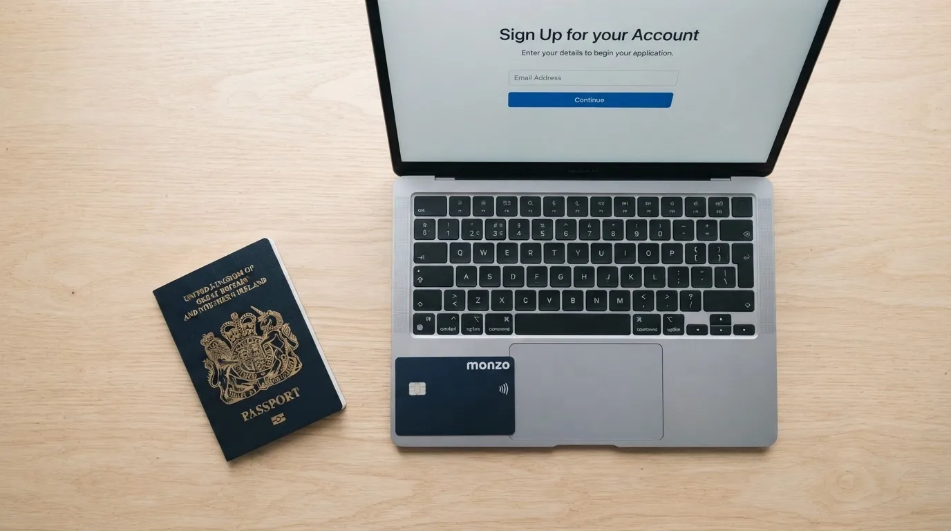 A UK passport and a bank card resting beside a laptop showing an account sign-up screen.