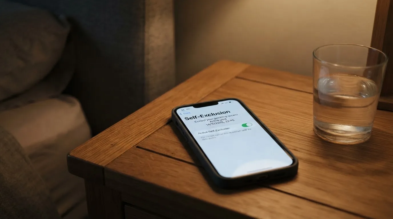 A phone displaying a self-exclusion settings screen next to a glass of water on a bedside table.
