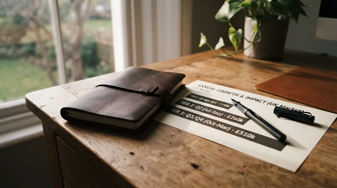 A desk with a printed loyalty-tier chart, a fountain pen, and a closed leather notebook.