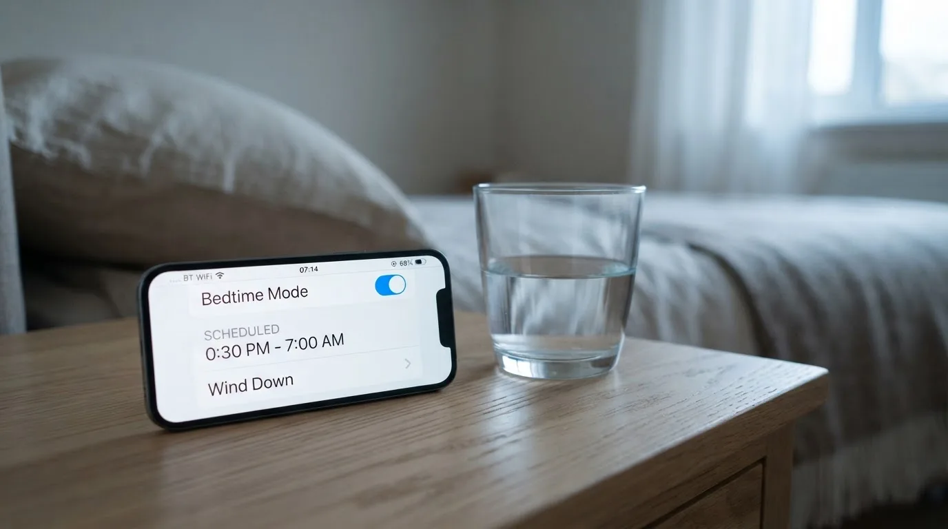 A phone displaying a self-exclusion settings screen next to a glass of water on a bedside table.