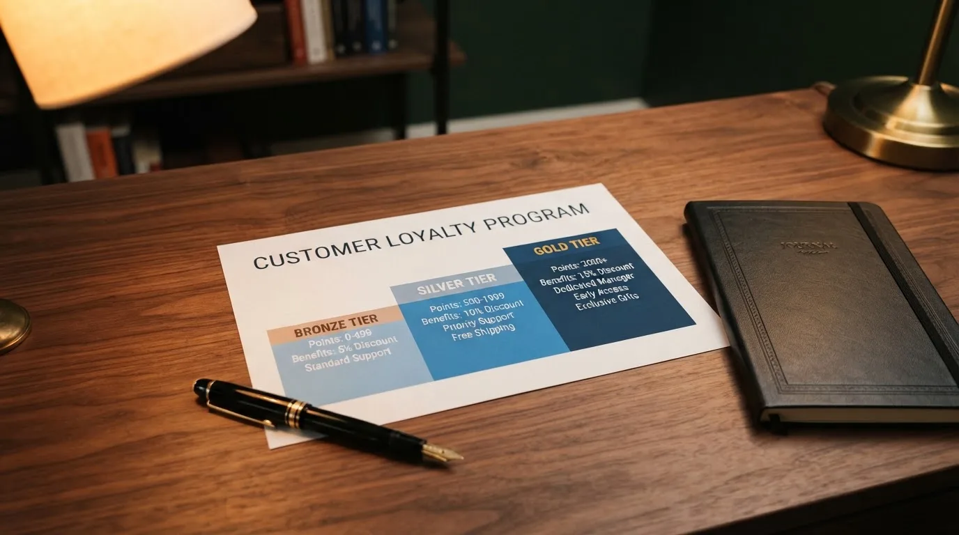 A desk with a printed loyalty-tier chart, a fountain pen, and a closed leather notebook.