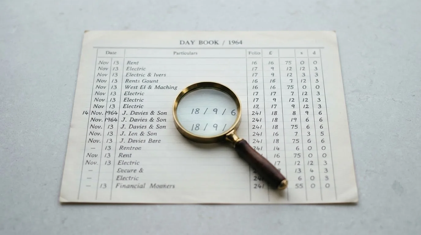 A close-up of a printed operator-register page with a magnifying glass resting over a row of numbers.