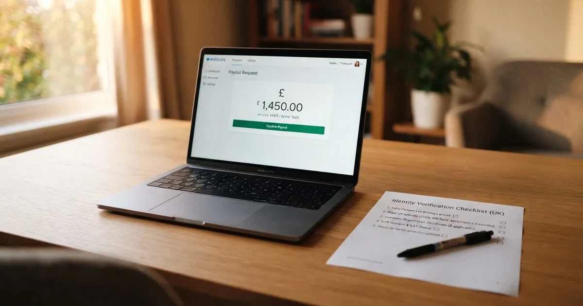A laptop open on a payout-request screen next to a printed identity-check checklist and a pen.