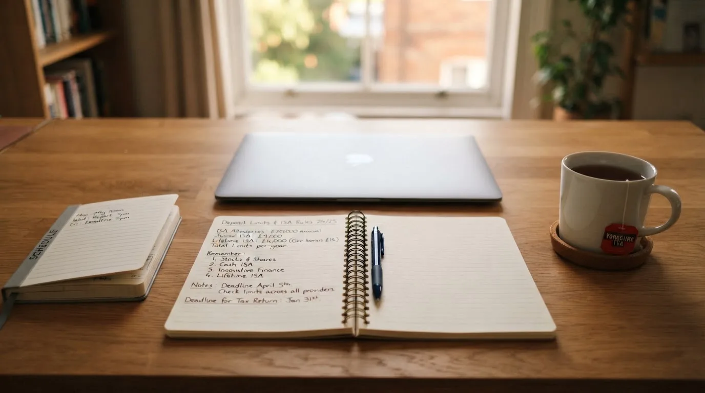 A tidy desk with a notepad listing deposit limits, a calendar, and a cup of tea beside a closed laptop.